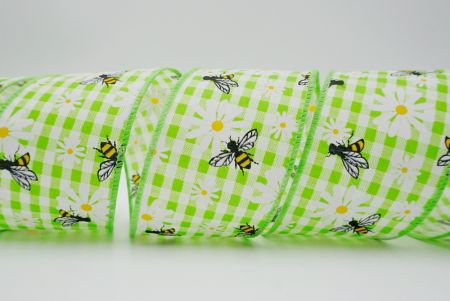 Plain weave check ribbon_green spring n summer bees